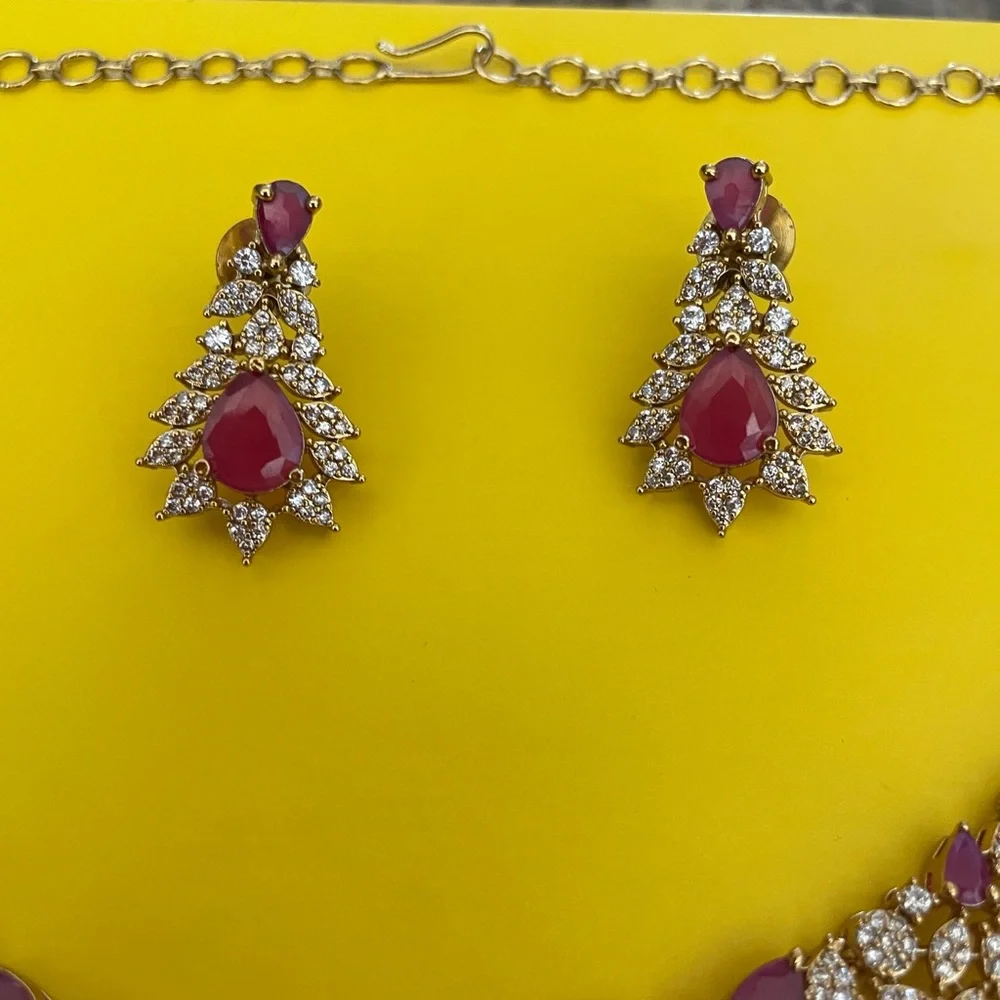 Gold-Tone Necklace & Earring Set with Pink Gem Accents